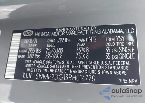 2024 Hyundai Santa Fe Hybrid Sel из США, поврежденный, VIN 5NMP2DG13RH014728